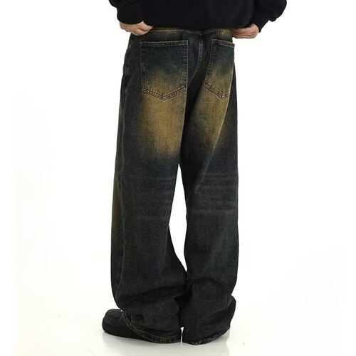Vintage, washed jeans, men's, American high street, yellow mud dyed, mop mop daddy pants, street loose straight pants