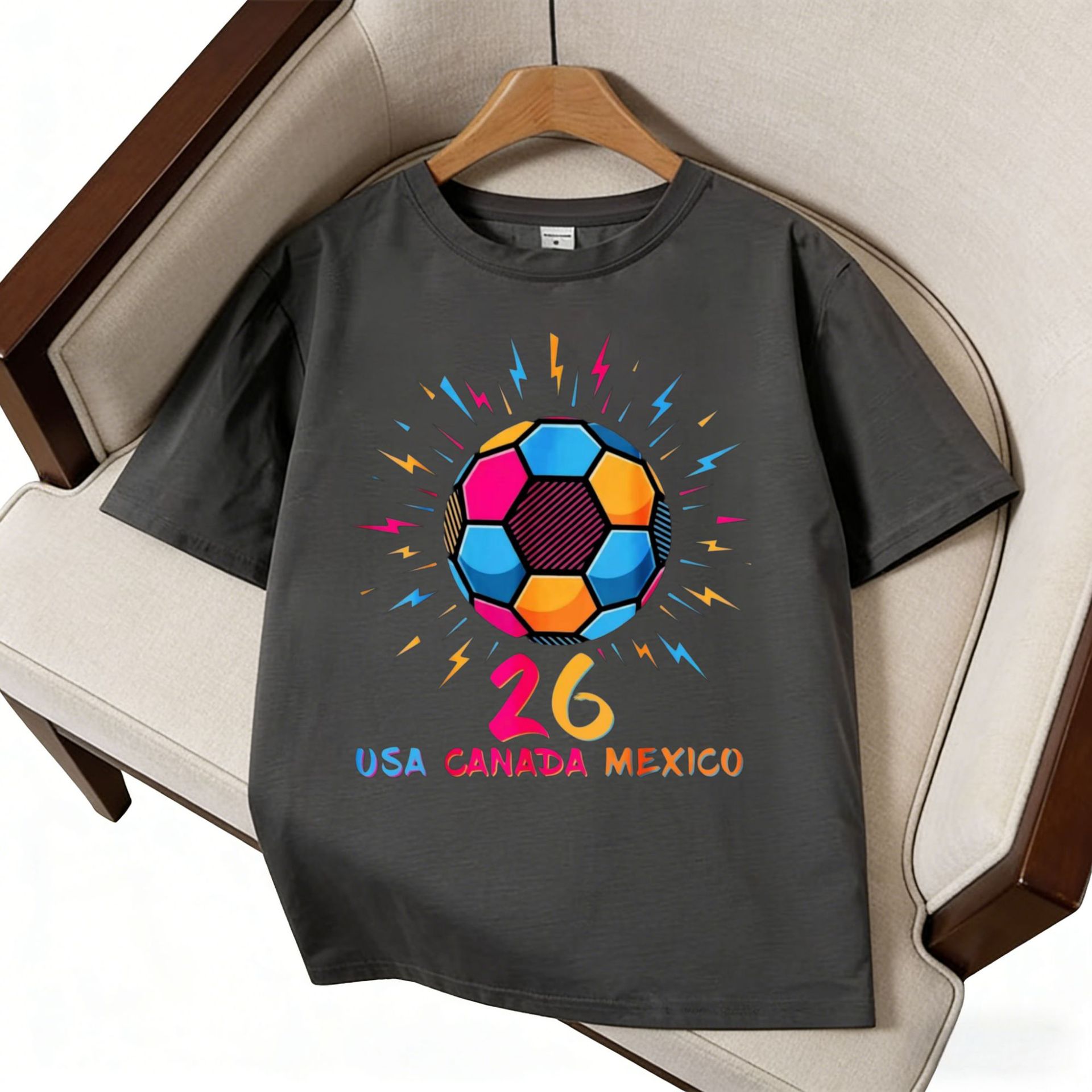 2026 World Cup Theme US-Canada-Mexico Lightning Football Printing Short Sleeve Fan Commemorative T-Shirt_viptrois.com