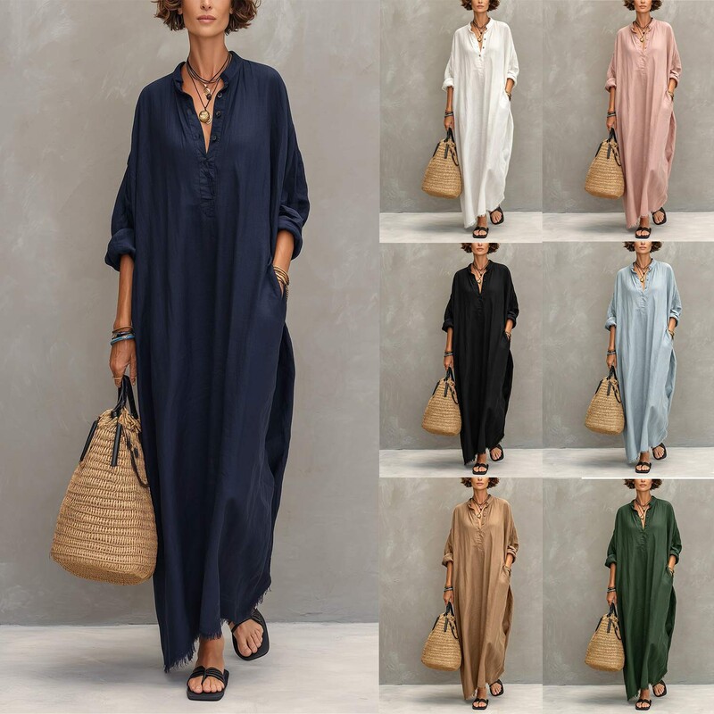 2026 New European and American Style Loose Long-Sleeve Dress with Stand Collar, Pockets, Bohemian Fringe, and Raw Hem Long Skirt
