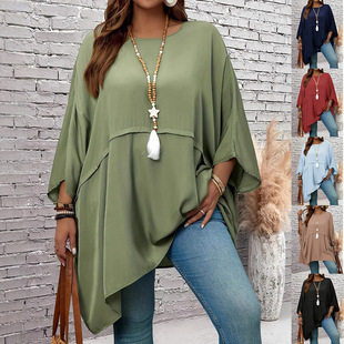 European and American Plus-Size Women's Clothing, Spring, Summer and Autumn Casual Vacation Solid Color Loose Round Neck Batwing Sleeve Tops, Comfortable Shirts