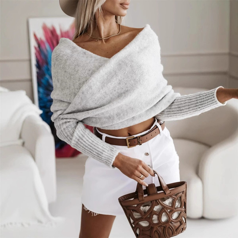 2026 New European and American Fashion V-Neck Cross-Over Multi-Color Sweater Trendy Personality Off-Shoulder Versatile Scarf Style 8 Colors 2026 New European and American Fashion V-Neck Cross-Over Multi-Color Sweater Trendy Personality Off-Shoulder Versatile Scarf Style 8 Colors