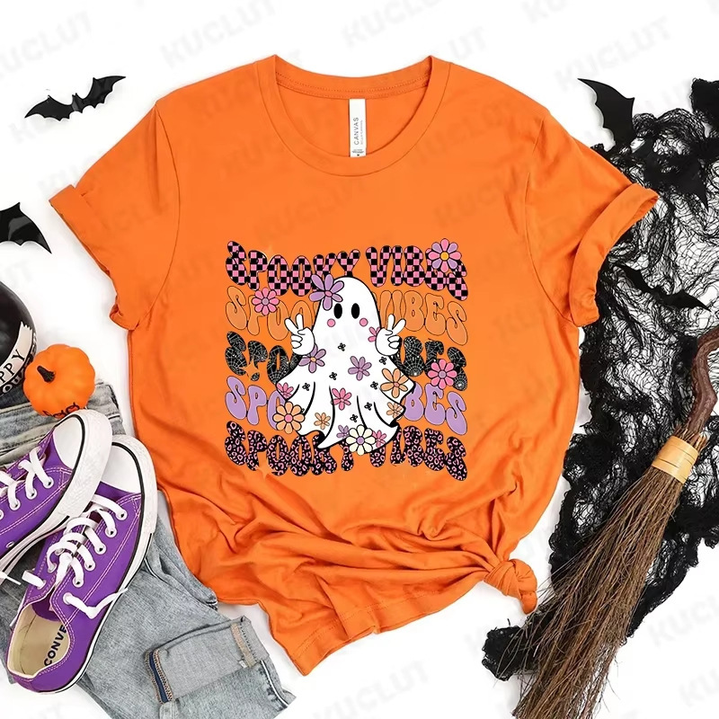 Happy Halloween Fashion T-Shirt Casual Top Ghost Season T-Shirt Halloween Pumpkin Ghost T-Shirt
