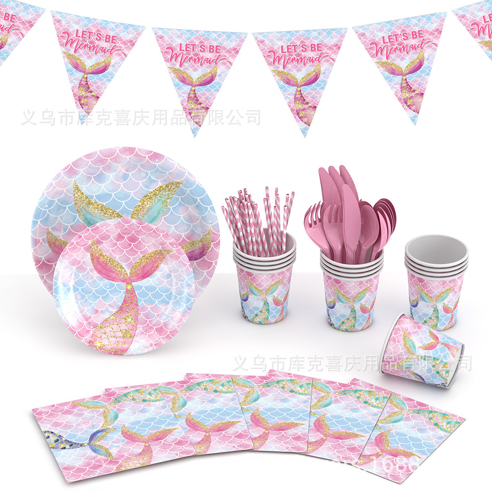 Nuevo tema de cola de pez sirena decoración de vajilla de fiesta fiesta de cumpleaños bandeja de papel taza de papel juego de decoración de globos