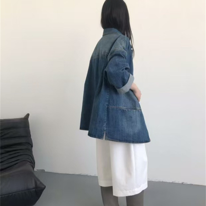 日系复古宽松休闲翻领廓形牛仔外套女2025秋季牛角扣中长款风衣|undefined