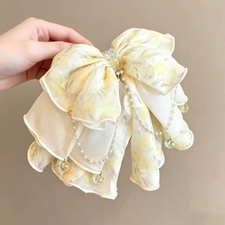 法式浪漫黄调碎花蝴蝶结抓夹女超仙气质优雅发夹子精致水钻马尾夹