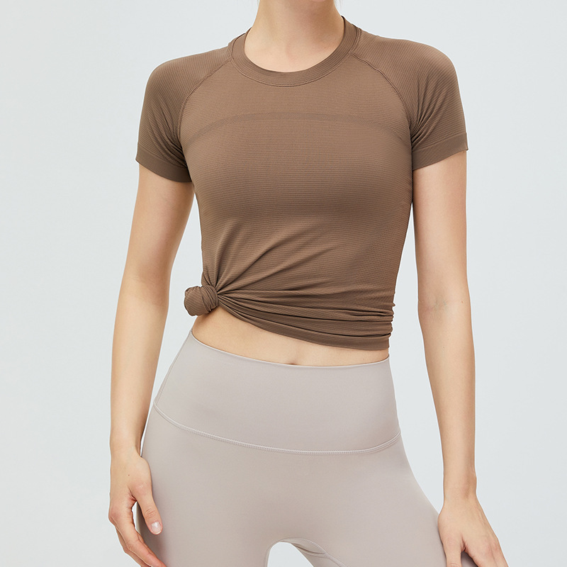 Ropa de yoga sin costuras de Europa y América camiseta de fitness desnuda transpirable para mujer manga corta correr sin costuras de secado rápido deportes yoga top