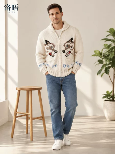 Luomi Cross-Border Men's Stand-Up Collar Zippered Fox Jacquard Knit Cardigan Long-Sleeve Casual Outerwear Autumn and Winter European and American Retro Style