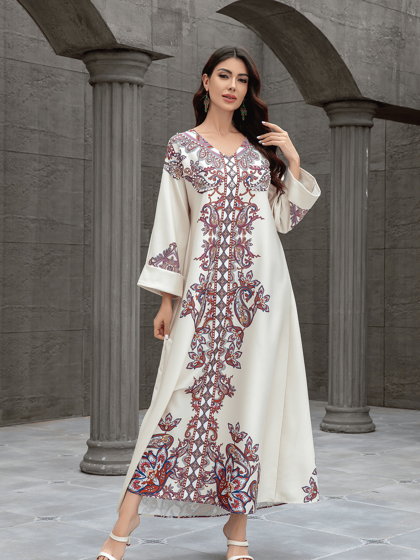 SW0826 Middle Eastern Cross-Border Muslim Women's Robe Elegant Printed Beaded Dress Dubai Foreign Trade Abaya_ecoleips.com