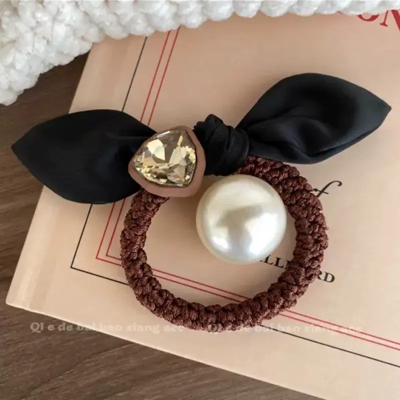 Coffee diamond rabbit ear pearl hair rope