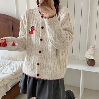 复古麻花卡通小马针织开衫女批发秋冬新款韩版宽松慵懒风毛衣外套