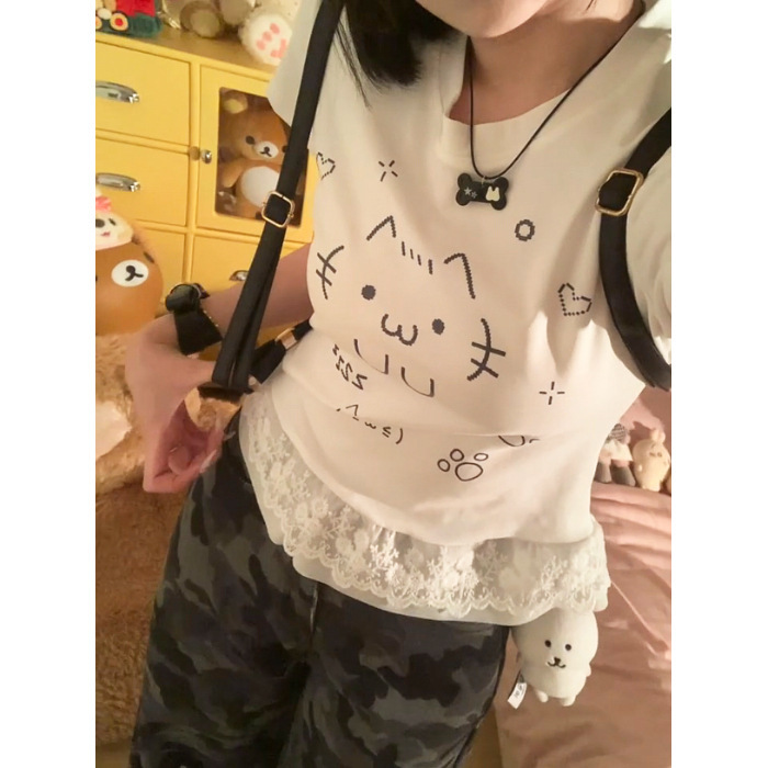 亚文化可爱猫咪蕾丝花边短袖T恤女夏季甜辣妹修身显瘦设计感上衣|undefined