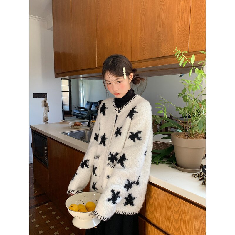 Hello Canon Star Jacquard Back Lace Knitted Cardigan Women's Autumn and Winter New Blue Loose Slim Top Trendy