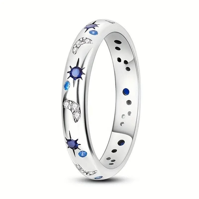 S925 Sterling Silver Bright Starry Sky Ring for Men and Women Ins Niche Design Personalized Sun Moon Color Diamond Ring