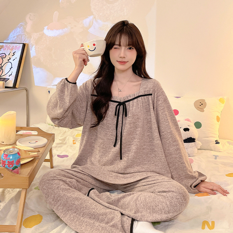 Autumn and Winter New High-End Cashmere Pajamas for Women, Long-Sleeved Pants, Pure Color Palace Style, Can Be Worn Outside, Home Wear Set