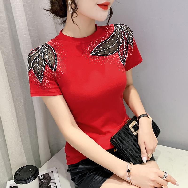 Camiseta de mujer de manga corta con cuello redondo, diseño hueco de encaje y pedrería, ajustada y adelgazante, nueva colección primavera-verano europea transfronteriza, al por mayor. image 10