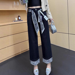 2025秋季丝巾腰带休闲裤女百搭高腰显瘦翻边窄版直筒裤女牛仔裤