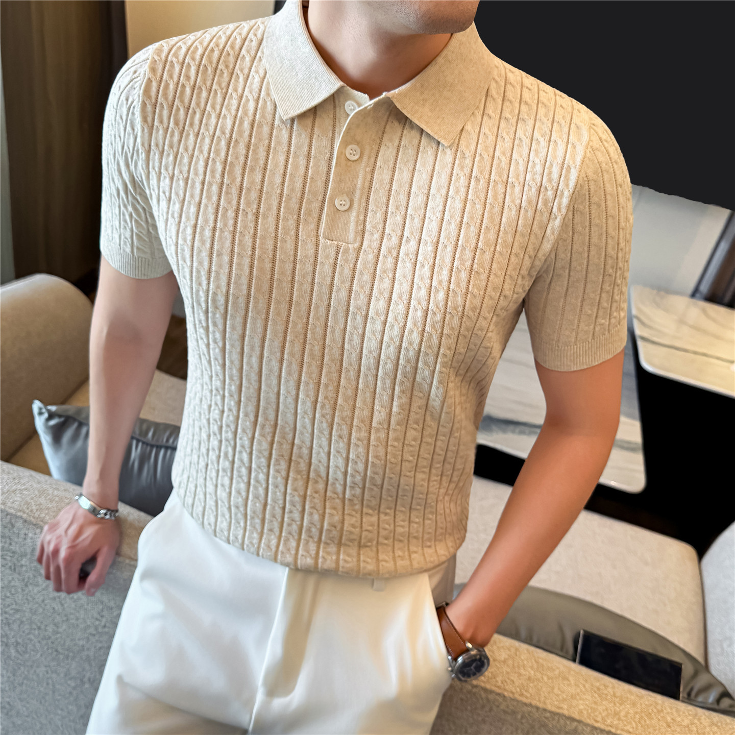 TikTok quality thin Tencel Lyocell linen short-sleeved polo shirt, casual cable knit breathable men's T-shirt