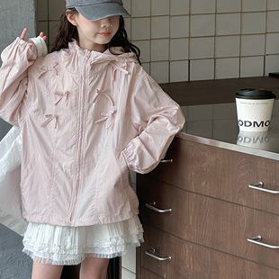 Girls' Summer Wear Hooded Sun Protection Clothing for Girls and Older Kidsren's Summer Clothing Loose Outdoor Zipper Shirt Jacket Sun Protection Clothing