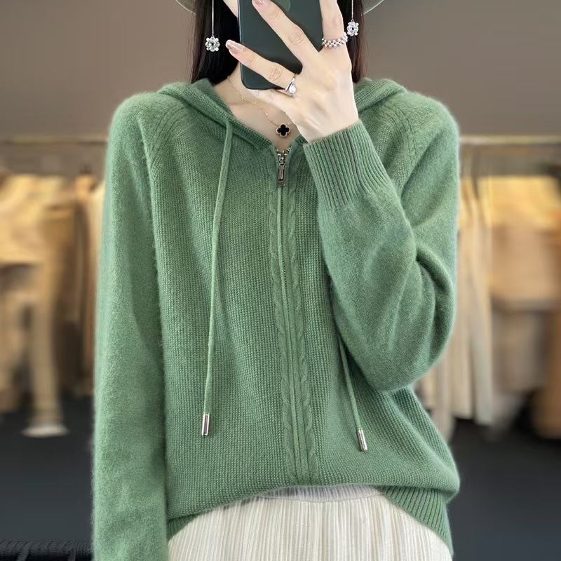 2025秋冬新款针织衫开衫韩版女装混纺羊毛帽衫双拉链连帽毛衣外套|undefined