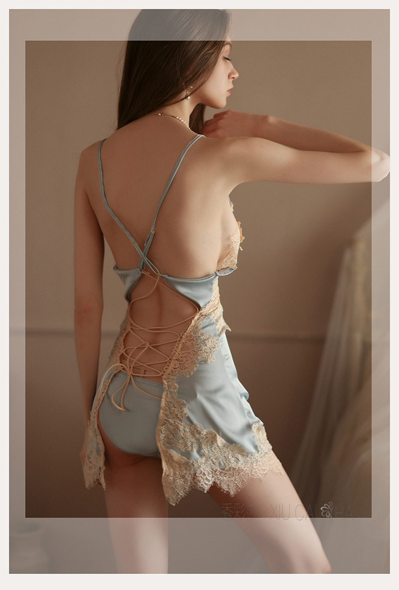 Xiuaisha Lace Suspender Nightgown Set Blue One Size Polyester Mini Dress Lingerie — detail image 4