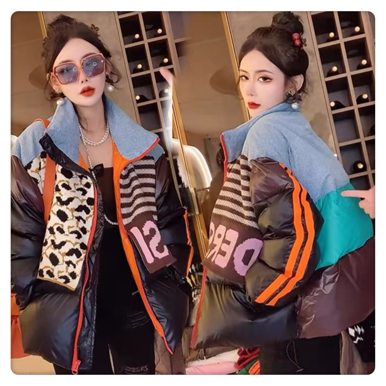 欧货羽绒服女2025冬季牛仔拼接针织条纹撞色白鸭绒加厚面包服外套