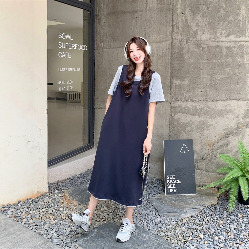 Maternity Wear Fake Two-Piece Spliced T-Shirt Dress for Pregnant Women, Summer 2026 New Style Casual Sporty Stylish Maternity Dress