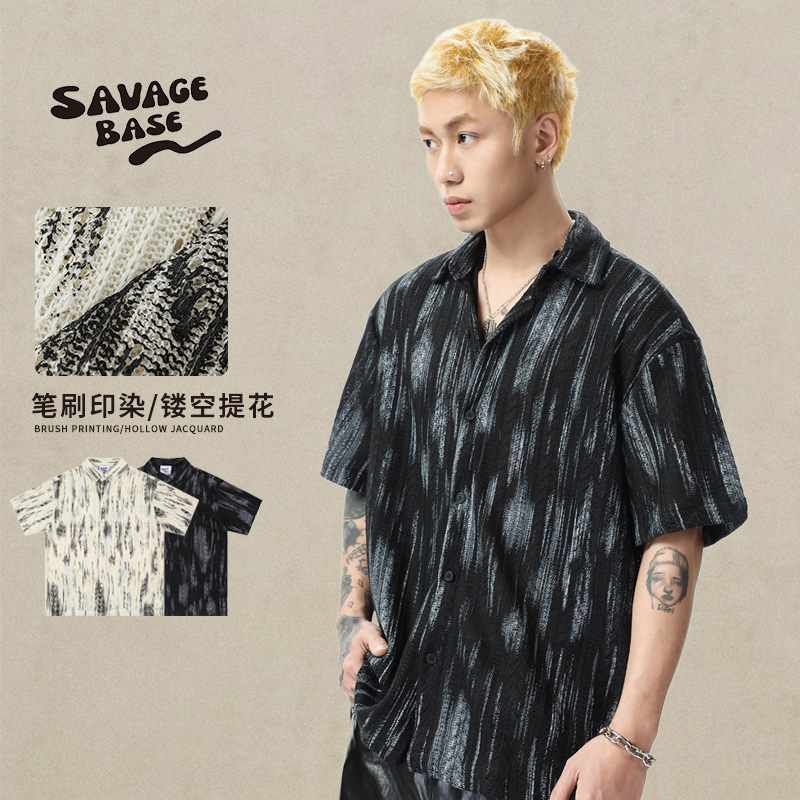 High Street Yuppie Striped Vignette Hollow Texture Shirt Summer Lightweight Niche Casual Holiday Beach Shirt for Men