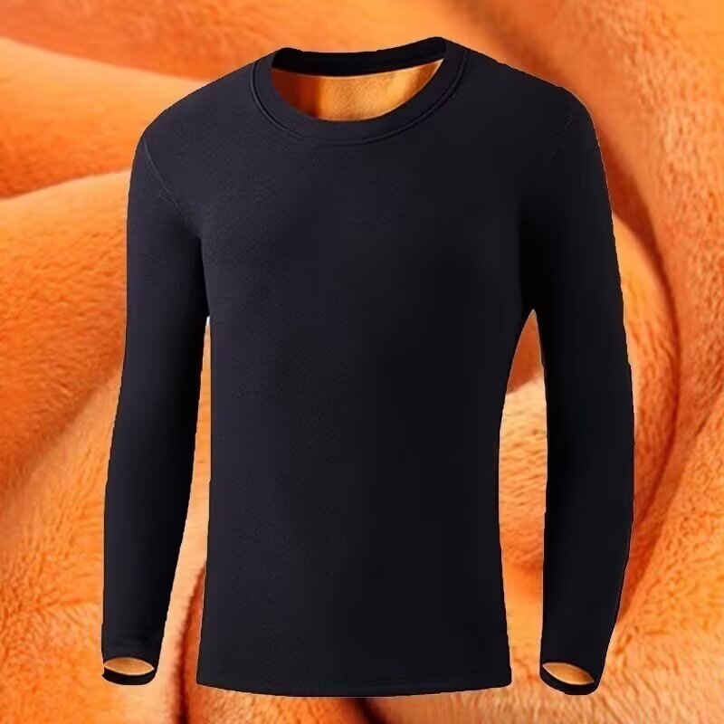 Men's Thermal Underwear with Round Neck, Fleece-Lined, Cold-Proof, Thickened, Large Size, Autumn and Winter Long-Sleeve T-Shirt Base Layer