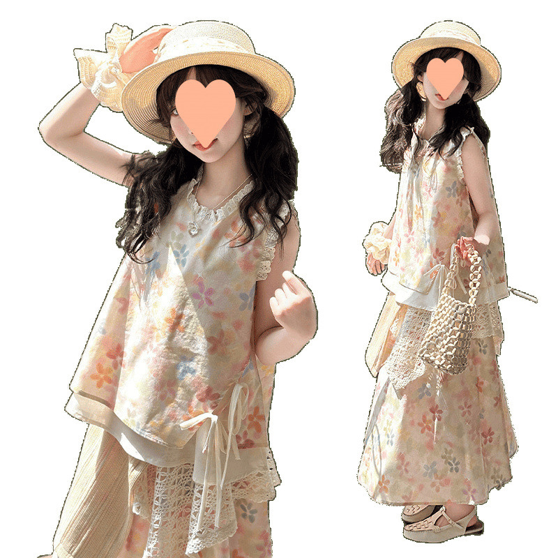 女の子の甘くてかわいいスタイルの虹花柄ベストスーツスカート夏のドーパミン海辺の休暇スカート 2 点セット|undefined