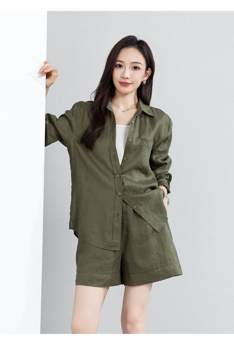 Bộ đồ linen nữ mùa hè áo sơ mi phối quần short dáng rộng — Quần short - 86185 ngày xanh chi tiết 26