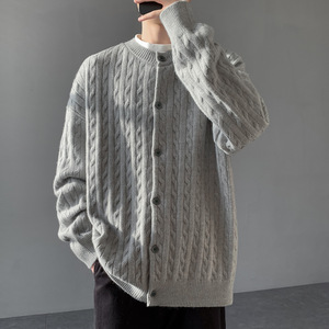 2026秋季青少年韩系风黄色长袖针织开衫宽松圆领透气罗纹底摆，男装针织衫/毛衣，星座614