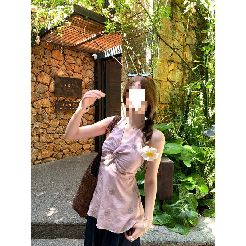 在庫あり 山桜マンダム～Vネックツイスト刺繍ノースリーブウエスト痩身ホルターネックシャツトップス|undefined