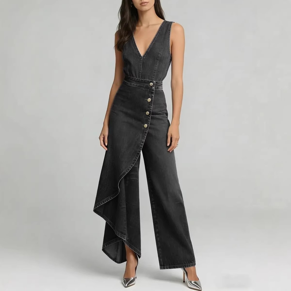 2026 New Amazon Independent Site European and American Casual Fashion Western Style V-Neck Irregular Denim Jumpsuit