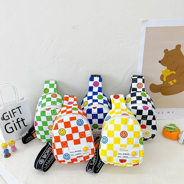Smiley Children's Chest Bag Korean Handsome Boy's Plaid Crossbody Bag Girl's Casual Waist Bag Baby's Fashion Coin Purse