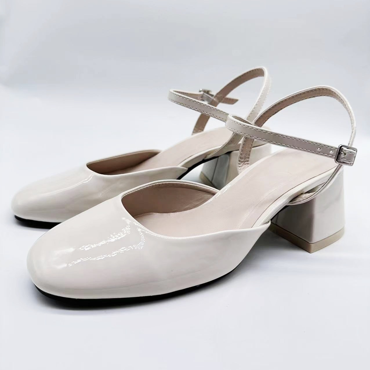 ZA2023 primavera y verano nuevos zapatos de mujer de Punta cerrada boca baja beige negro charol tacón grueso Mary Jane zapatos de ballet zapatos