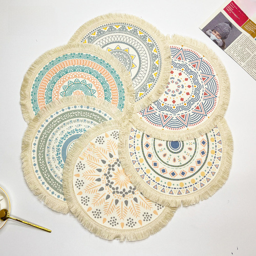Bohemian cotton line table mat, Nordic fabric woven round mat, home kitchen heat insulation and anti-scald mat, tassel table and cup mat