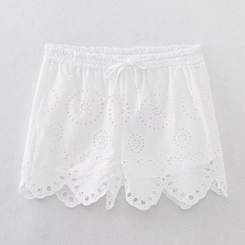 ZARW Self-made Casual Loose Hollow Embroidered Solid Color Top Shorts Set, European And American Style Summer New_ecoleips.com