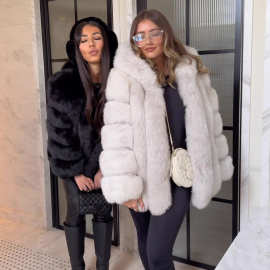 厚实保暖深冬必备染尖条状拼接连帽皮草外套女2025新款跨境欧美风