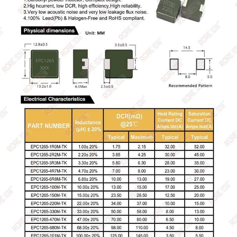 集磁大電流一体成形パッチインダクタEPC1265-47UH22UH33UH10UH|undefined
