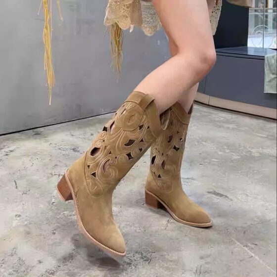 2024 New Arrival Summer Flowers ~ Ethnic Style Retro Trend Hollow Embroidered Breathable V-Mouth Western Cowboy Boots