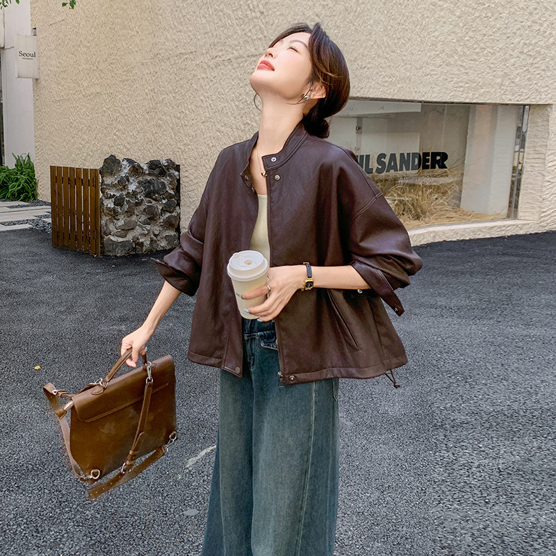 实拍咖色复古短款皮衣外套女春秋季2025新款高级感美拉德休闲夹克|undefined