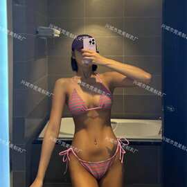 2024欧美新款条纹毛巾布小清新撞色配色性感分体泳装比基尼bikini