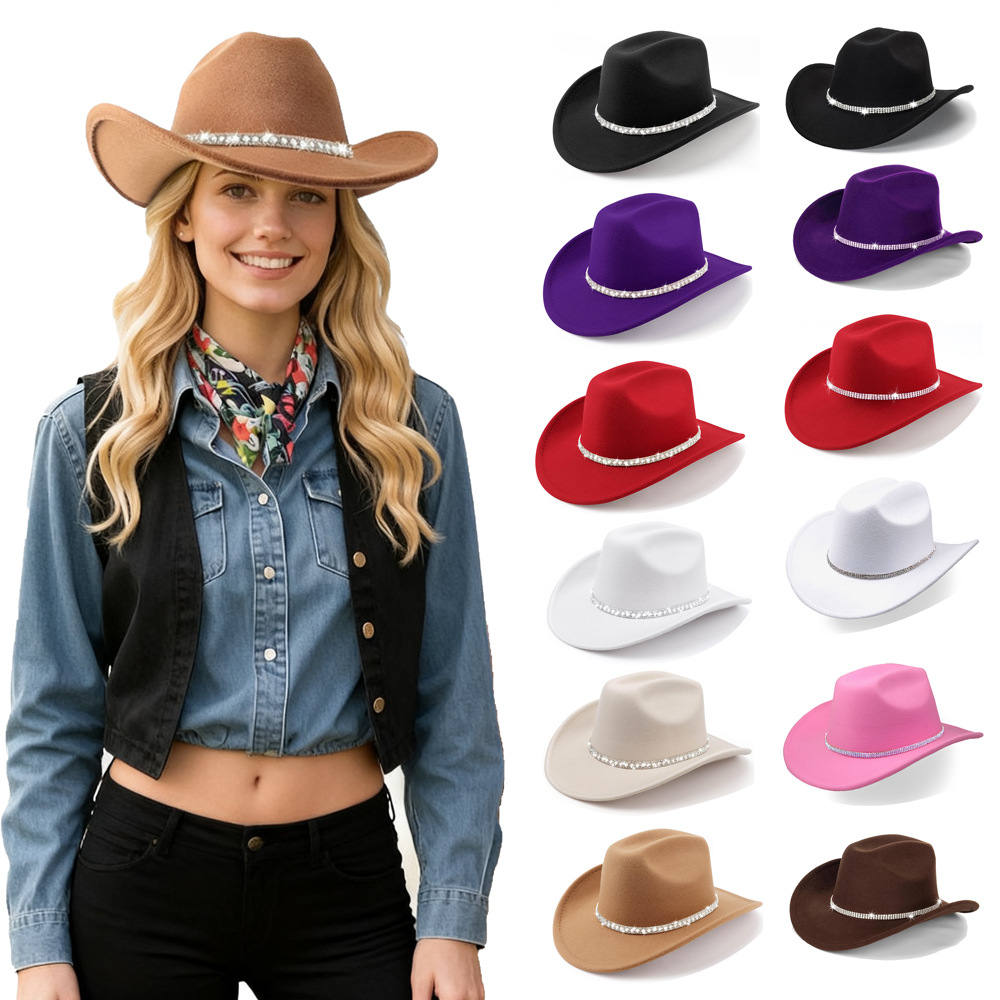 跨境西部牛仔帽带水钻宽边闪光牛仔帽男女款聚会旅行爵士帽批发