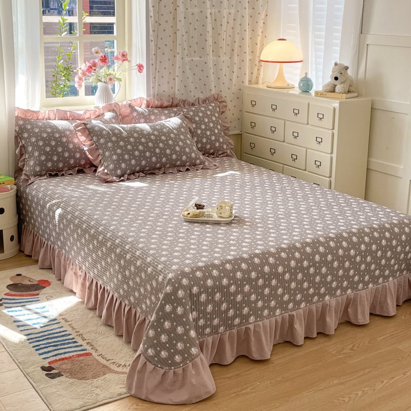 Korean Style Double-Layer Quilted Bed Cover Four-Piece Set Washed Cotton Quilt Cover Lace Bedding Four-Season Bed Bed Sheets Three-Piece Set