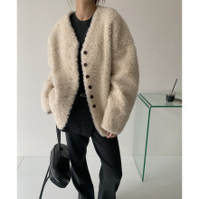 宁派100羊毛皮草外套女2025新短款V领宽松休闲羊剪绒大衣皮毛一体