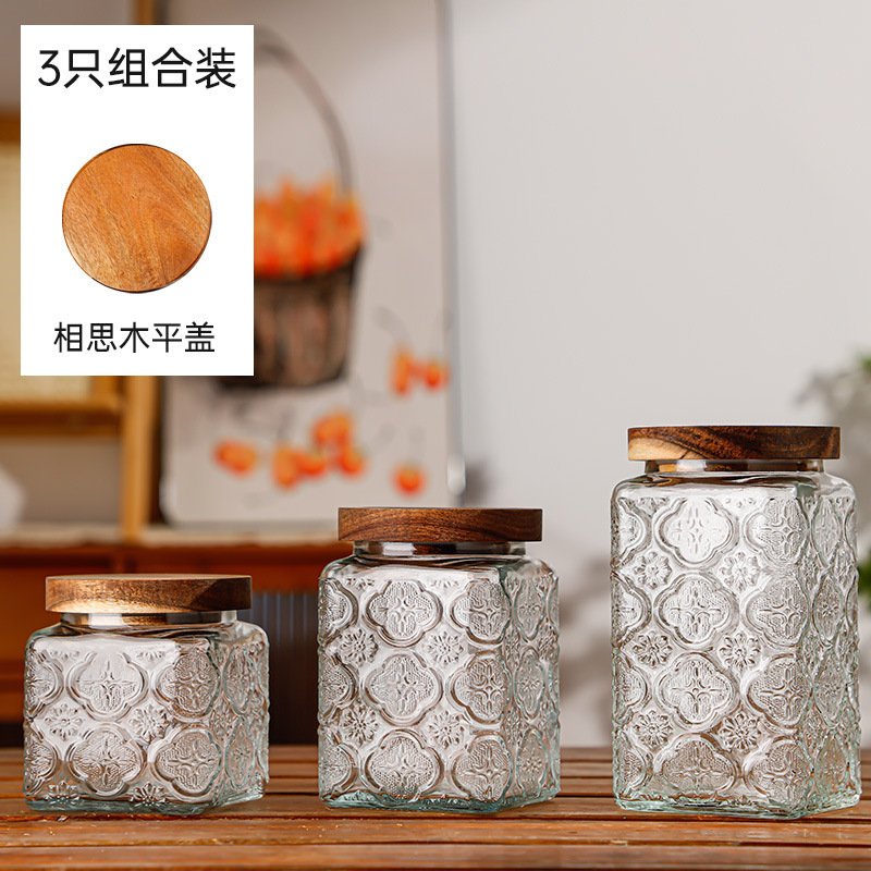 Hogar vintage Begonia flor realzada snack caramelo almacenamiento tarro bambú cubierta americana cocina transparente vidrio sellado frasco