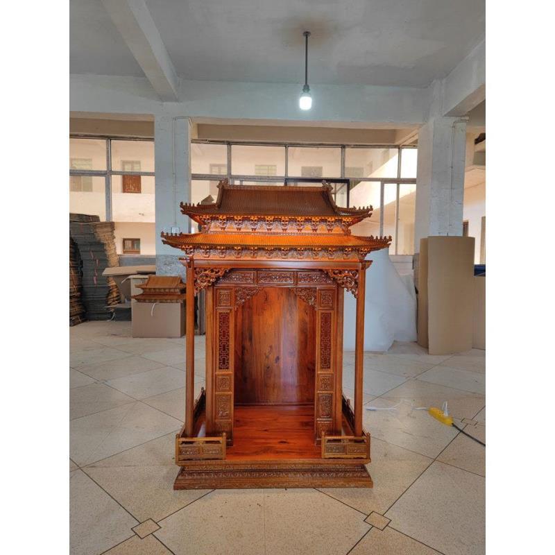 Solid Wood Buddhist Altar for Home Use, Featuring Guanyin and Guan Gong, Large Rosewood Altar with a Heavy Eaves Roof and Hanging Buddha