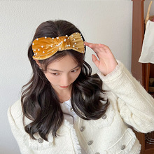 秋季新品天鹅丝绒钉珠打结发箍复古珍珠洗脸头箍跨境欧美发饰配饰