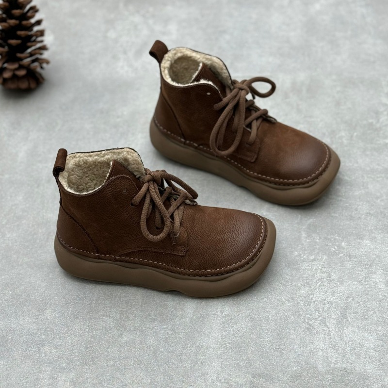 2025秋冬新作 レトロ風本革ショートブーツ ハンドメイド綿麻風ワイドトゥ紐付き一層牛革レディースブーツ