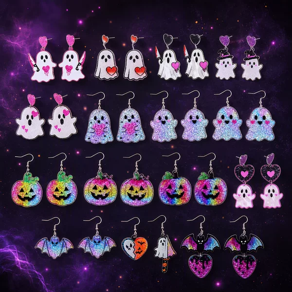 New Halloween Series Colorful Bat Pumpkin Ghost Acrylic Earrings with Quirky Design Ear Pendants and Accessories